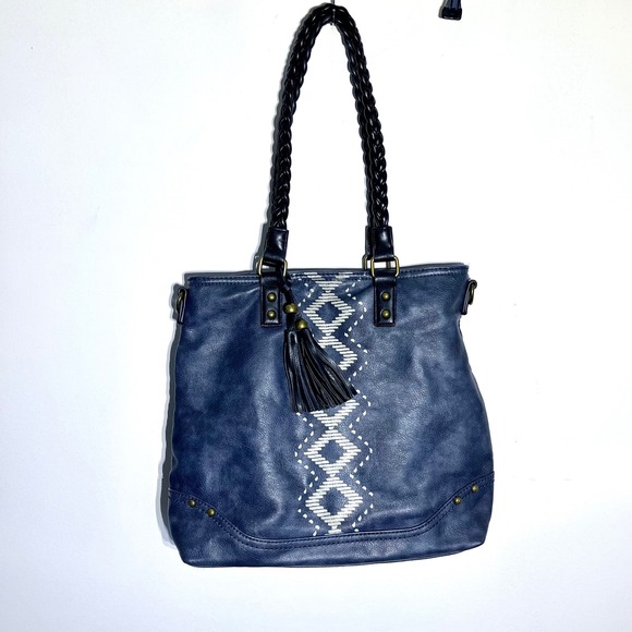 Tote Bag Faux‎ Leather Braided Handles Aztec Design Blue Shoulder Bag Maurices - Picture 1 of 10